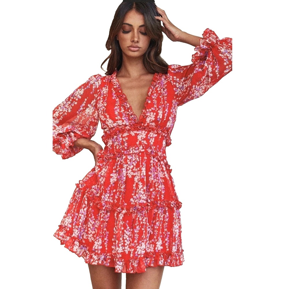 Saints + Secrets Cutout Back Ruffle Detail Floral Mini Dress Tiered Red Large